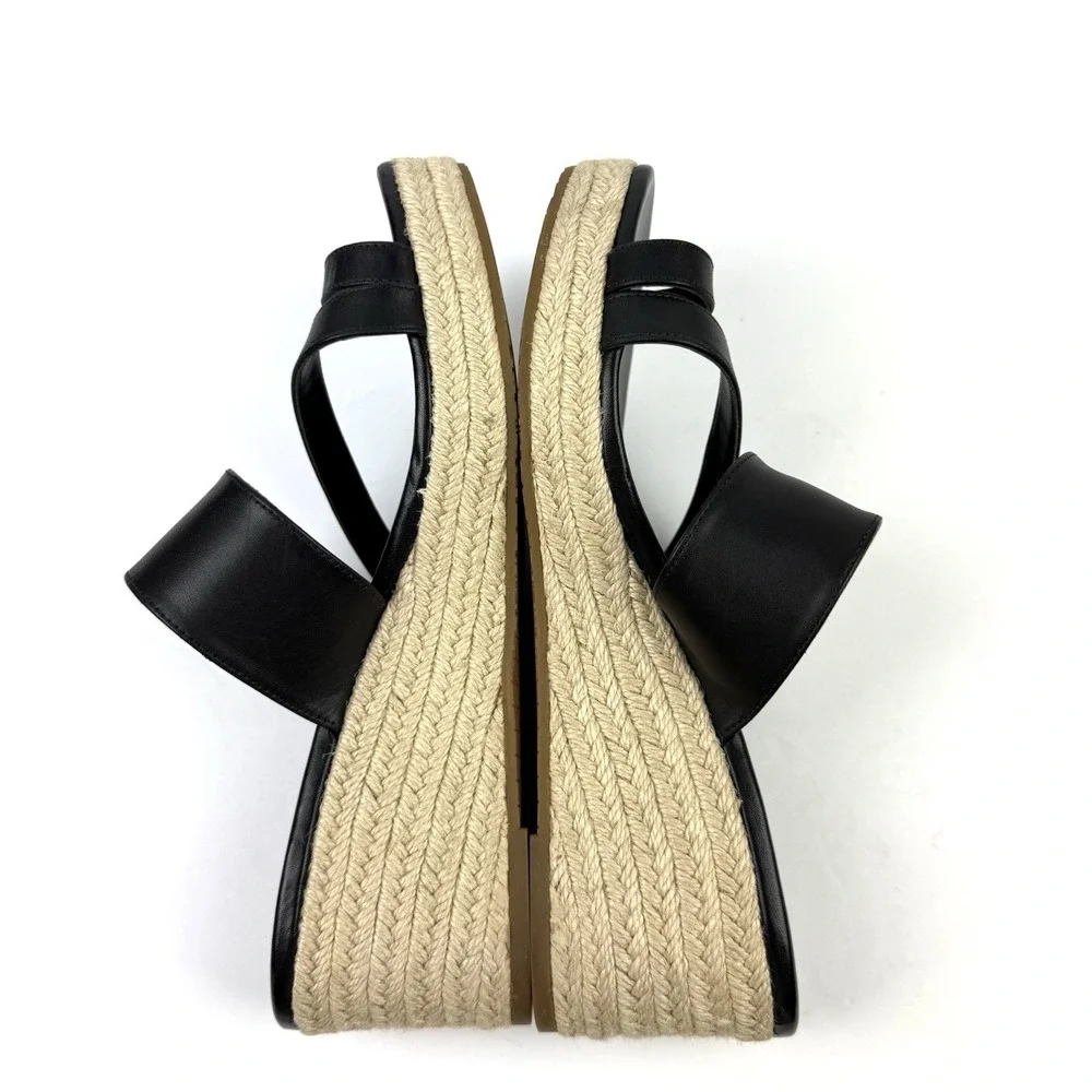 Michael Kors Jilly Espadrille Wedge 8.5 Black Leather Slip On Gold Logo Sandals